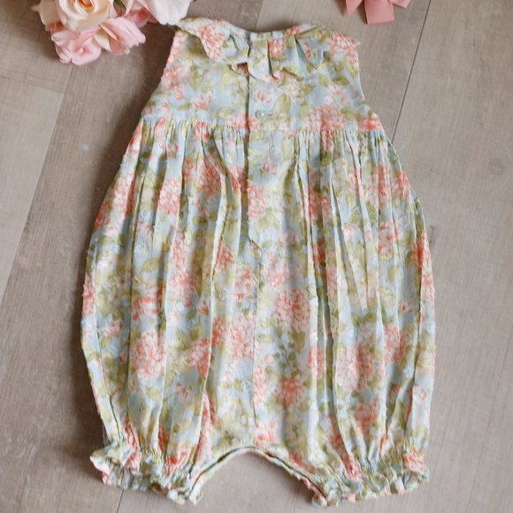 Smocked Romper Floral Spring Summer Boutique Luli & Me 3/6 Months with Hairbow - Picture 6 of 6